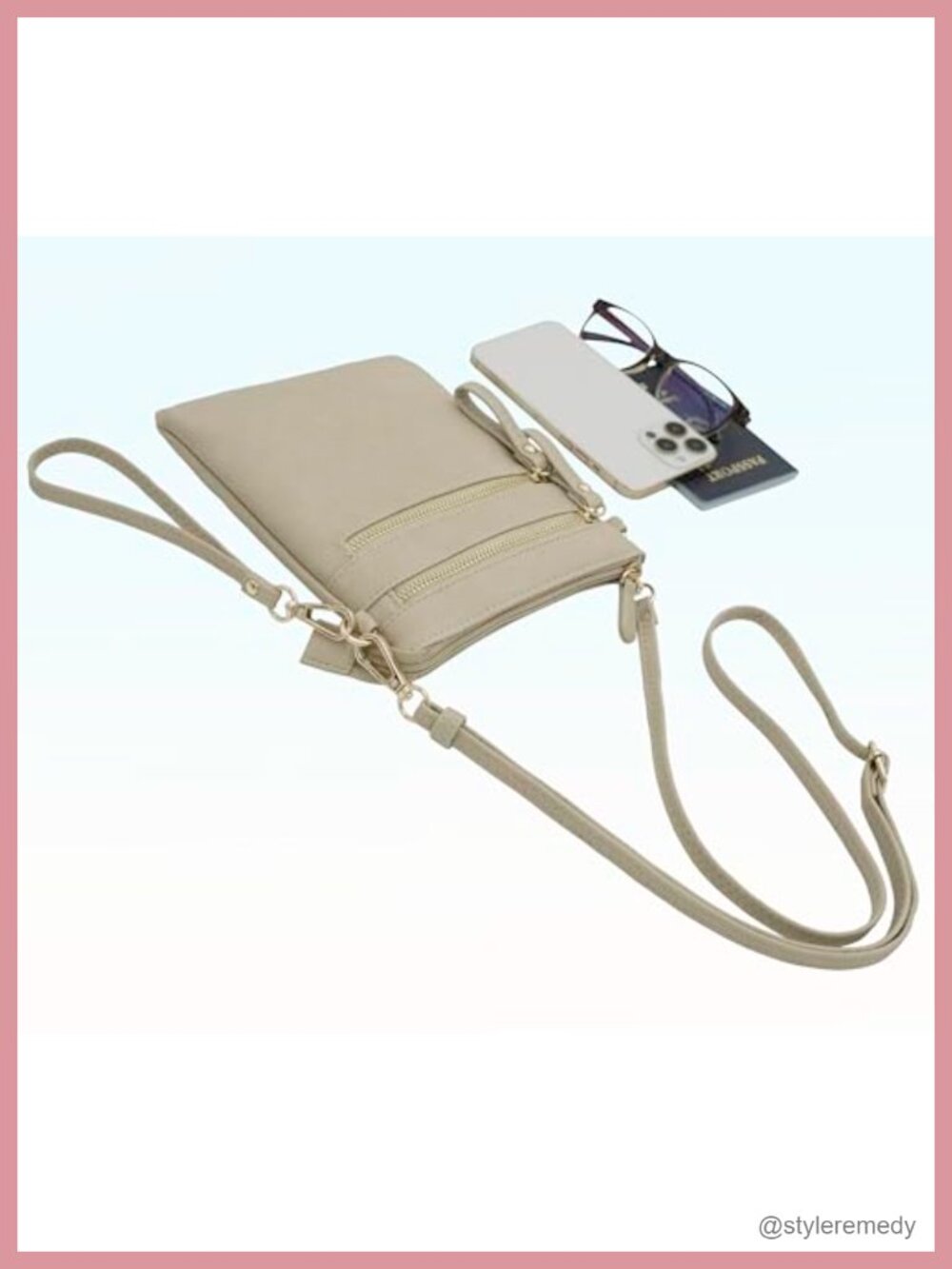 Faux Leather Crossbody Bag with Detachable Wristlet, Multi Zip Pockets - Picture 5 of 6